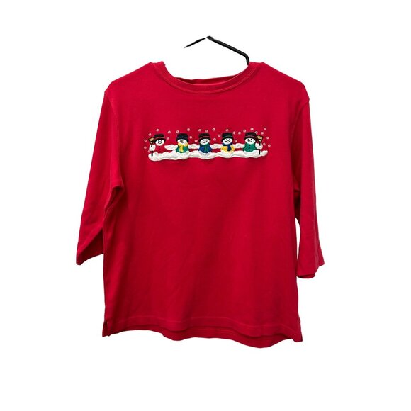 Westbound Petites Red Holiday Snowman Embroidered 3/4 Sleeve Top Sz PM - Picture 1 of 8